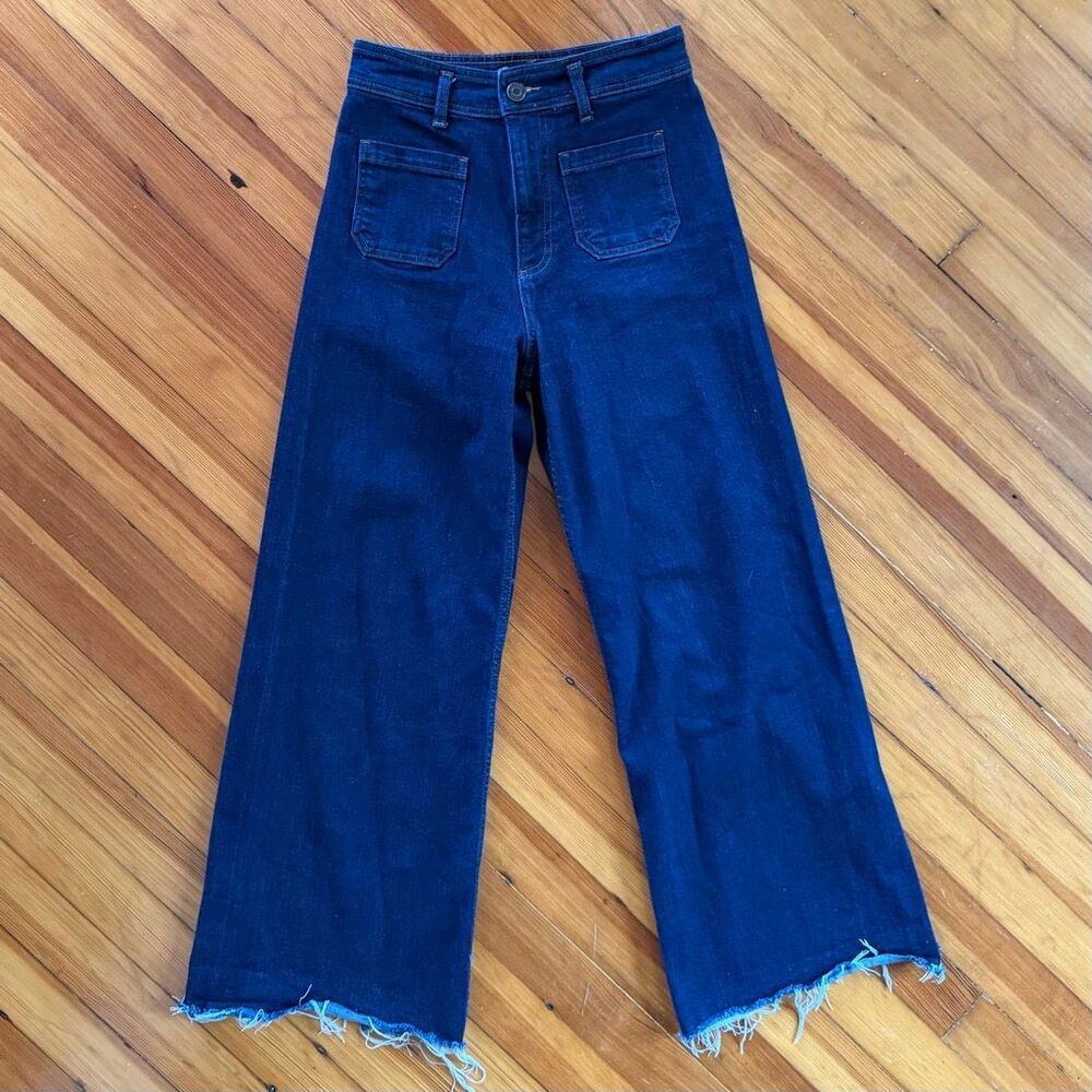 ZARA Marine Wide Leg Jeans In Dark Denim Raw Hem Size 6
